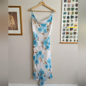 Vintage floral cowl neck mesh asymmetrical midi dress by Fairweather